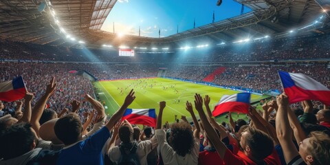 Wall Mural - A lively crowd of fans with arms raised enthusiastically watch a soccer game in a vibrant stadium, amidst the green grass of a sport venue. AIG41