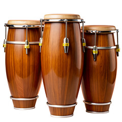 A set of three wooden conga drums, displaying rich wood grain and metallic accents, ideal for Afro-Cuban music enthusiasts and percussionists.