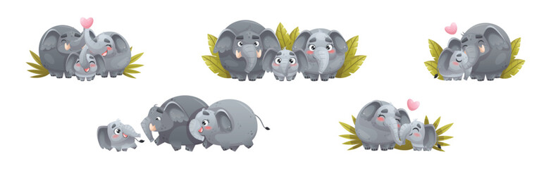 Sticker - Elephant Family with Parent and Sweet Baby Together Engaged in Different Activity Vector Set