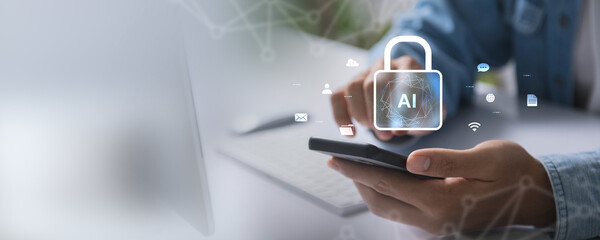 Fototapete - AI Security and Data Management Solutions for Advanced Analytics and Cyber Protection, AI technology and data management strategy for enhanced security, seamless data analysis, and data protection.