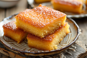 Middle eastern semolina cake basbousa. namoora, hareesa dessert. Turkish dessert.