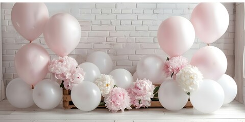 Wall Mural - Vintage backdrop with pastel balloons peonies wooden crates for fine art photography. Concept Fine Art Photography, Vintage Backdrop, Pastel Balloons, Peonies, Wooden Crates