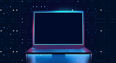 Poster - futuristic laptop with a neon glow, set against a digital background with abstract patterns. ideal f