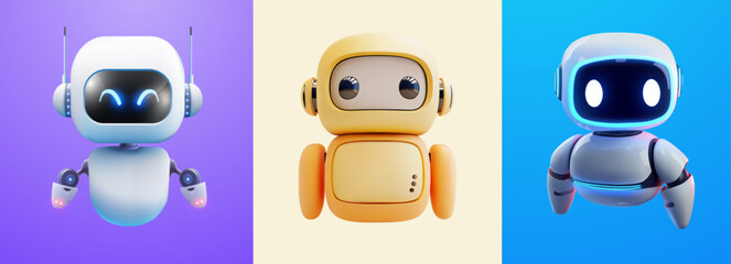 Poster - cute 3d robots set against colorful backgrounds for technology themes. a set of three adorable 3d ro