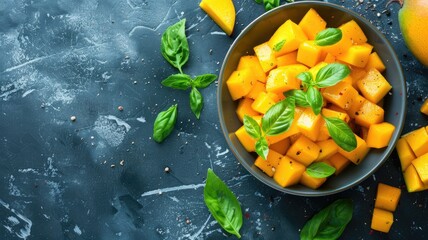 Diced mangoes with fresh basil leaves in bowl on dark surface