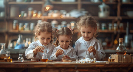 Aufkleber - Three young girls dressed in lab coats conduct an experiment in a science laboratory setting. They are surrounded by beakers, flasks, and other scientific equipment.