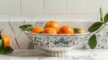Wall Mural - Vibrant Still Life Composition of Clementines in a Bowl on Tiled Surface