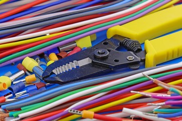 Tools for the installation of electrical panels. Close-up. Soft focus.