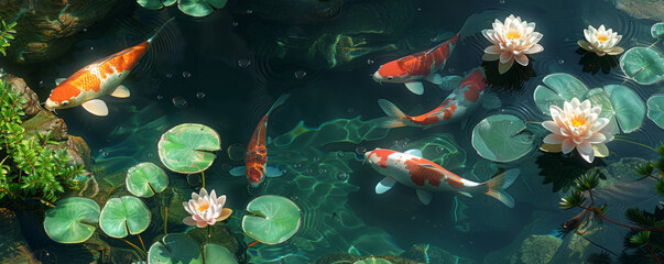 Wall Mural - A tranquil garden pond, with koi fish swimming lazily in its clear waters and water lilies floating on the surface.