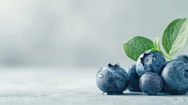Fresh blueberries with leaves on light background