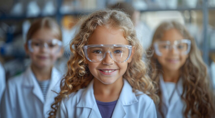 Aufkleber - Blonde girl in lab coat and goggles smiles, with kids around, hinting at science experiment in progress.