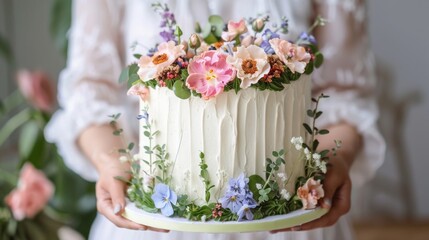 A woman holds a white cake decorated with fresh flowers and greenery. The cake has a rustic, textured frosting.