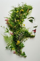 Wall Mural - Floral beauty woman's face made of plants and flowers on white background