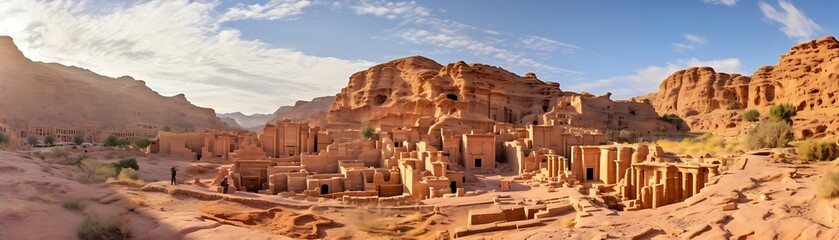 Wall Mural - ruins of petran, an ancient city in the desert, stand tall against a backdrop of blue sky and white clouds, with a lone green tree in the foreground