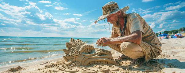 Wall Mural - An artist sculpting intricate sand sculptures on a beach, creating temporary masterpieces that will wash away with the tide.