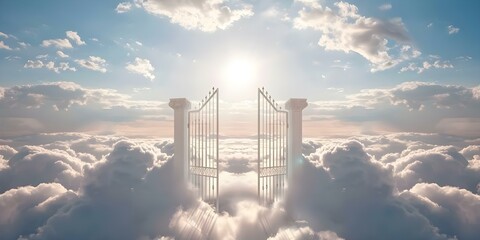 Wall Mural - Golden gates of heaven symbolizing Christianity meeting God in paradise among clouds. Concept Christianity, Golden Gates, Heaven, Paradise, Clouds