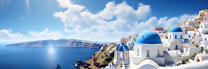 Sticker - santorini's blue domes stand out against the white and blue sky, while a small boat sails on the blue waters below