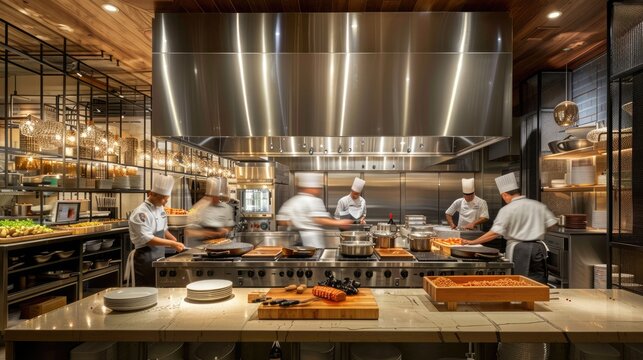 A skilled team of professional chefs is seen preparing food in a modern, bustling commercial kitchen setting AIG59