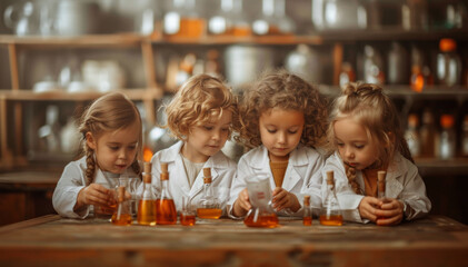 Aufkleber - Four young scientists wearing lab coats conduct experiments with beakers and flasks in a laboratory setting.