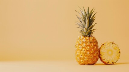 Wall Mural - Whole pineapple and slice against light orange background