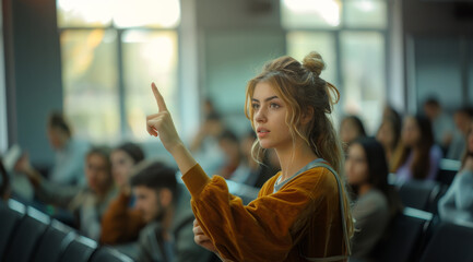 Poster - A woman with long blonde hair raises her hand in a classroom setting, with other students blurred in the background.