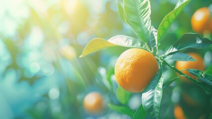 Wall Mural - Sunlit orange hanging from lush green foliage