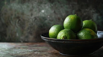 Wall Mural - Fresh green limes in black bowl on rustic background