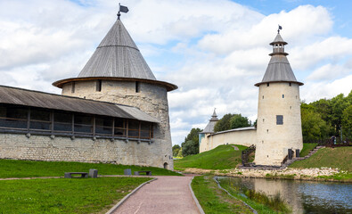 Wall Mural - Landscape photo with Kremlin of Pskov, Russia. Stone towers