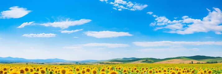 Wall Mural - sunflower field under a blue sky with white clouds