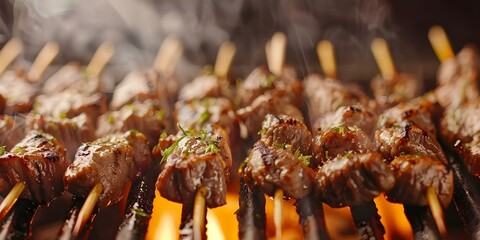 Canvas Print - Yakitori skewers sizzle on the grill. Concept Grilling Yakitori, Japanese Cuisine, Food Photography, Barbecue Recipes, Cooking Over Flames