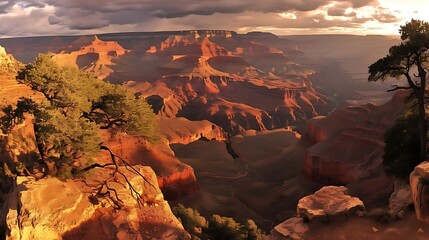 Wall Mural - sunset at the grand canyon with a tall green tree and a large rock in the foreground