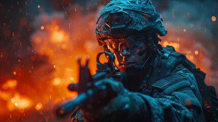 An intense composition with a soldier holding a weapon amidst vibrant flames, identity concealed