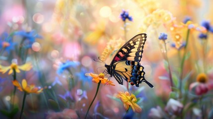 Wall Mural - Butterfly sipping nectar from a flower, set against a backdrop of colorful garden blossoms.