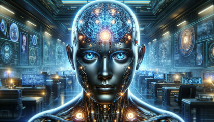 Poster - Close-up of futuristic AI with a cybernetic brain in high-tech environment, glowing with blue lights