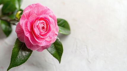 Wall Mural - Close-up of pink camellia flower with green leaves on white background