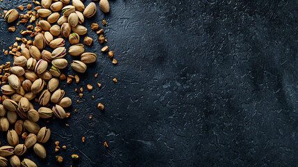 Wall Mural - Nutty Delight: Scattered Pistachio Nuts on Dark Background. A Stock Photo with Organic Snack Concept.