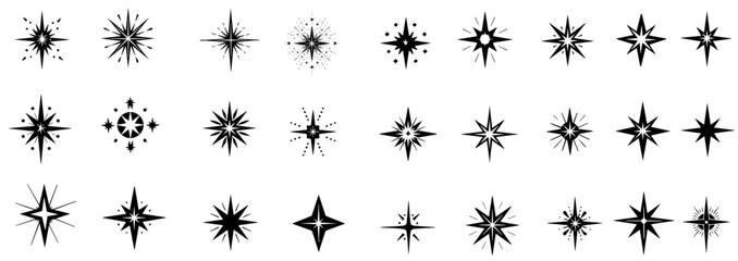 Y2k star sparkle bling abstract tattoo shapes. Hand drawn star sparkle shine of doodle set. Star shine twinkle glow, spark glitter, magic party light vector illustration. 