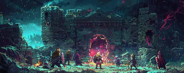 A pixel art rendition of a group of pixelated adventurers exploring a treacherous dungeon, their pixelated forms battling pixelated monsters.