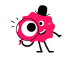 © wowomnom - Vector cartoon illustration of cute abstract shape happy character with magnifying glass in hand on white color background. Flat style child design of smile geometric monster. Kid character researcher