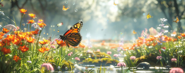 Wall Mural - A spring garden blooms in the park, where dragonflies and butterflies flutter around flowers.