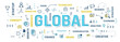 © wowomnom - Vector creative illustration of global word typography with line icon, word cloud on white color background. Global business infographic concept. Line art style design