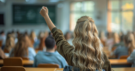 Poster - A young woman with long blonde hair raises her hand in a classroom setting. She is sitting at a desk, and other students are visible in the background.