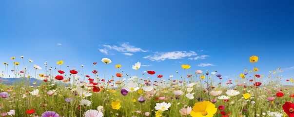Poster - wildflower meadow with a variety of colorful flowers under a blue sky with white clouds