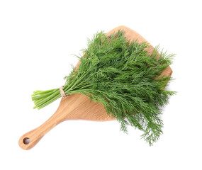 Wall Mural - Board with fresh green dill isolated on white, top view