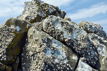Wall Mural - The rough, jagged surface of a rock covered in barnacles