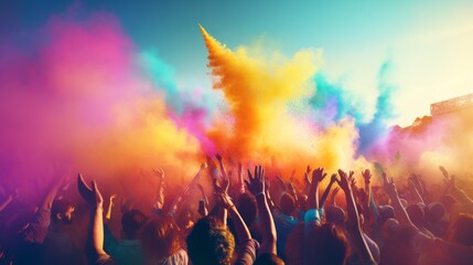 Poster - Holi color powder explosion bright colorful rainbow with people dancing and celebrating.