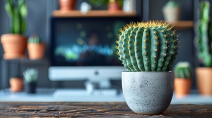 Poster - A close-up of a single barrel cactus in a grey pot on a wooden table. Other plants and a computer are blurred in the background.