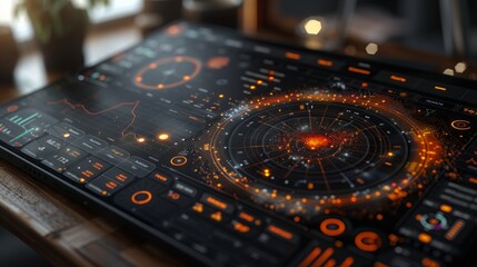 Fototapete - A futuristic tablet with a glowing orange display featuring data visualizations and a stylized image of a galactic core.