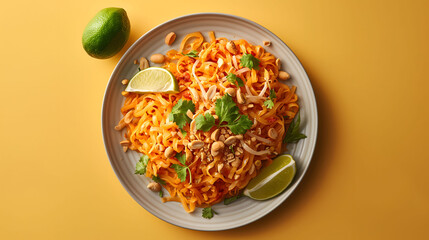 Wall Mural - Thai-Style Noodles with Peanuts and Lime on Yellow Background