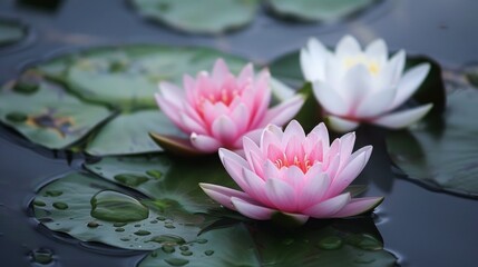 Poster - Three water lilies, two pink and one white, bloom in a pond. Green lily pads and water droplets are visible in the foreground.